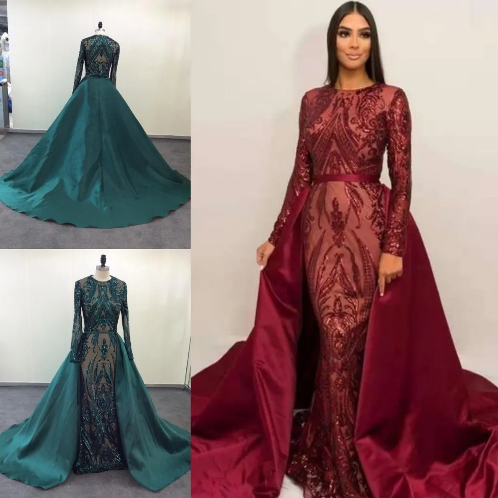 2022 Mermaid de sereia sereia vestidos com trem destacável de manga longa renda de renda formal festas noturnas vestidos de uso verde Burgondy Champagne Real