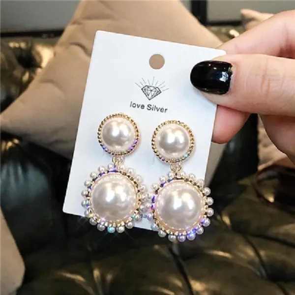 Vintage exaggerated classic elegant pearl pendant stud earrings for women girls fashion luxury designer silver post