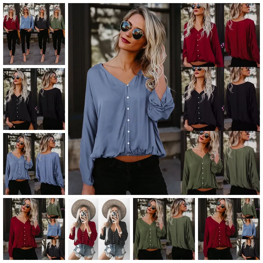 European hot solid color head V-neck bat sleeves single-breasted casual shirt Black green wine red blue support mixed batch