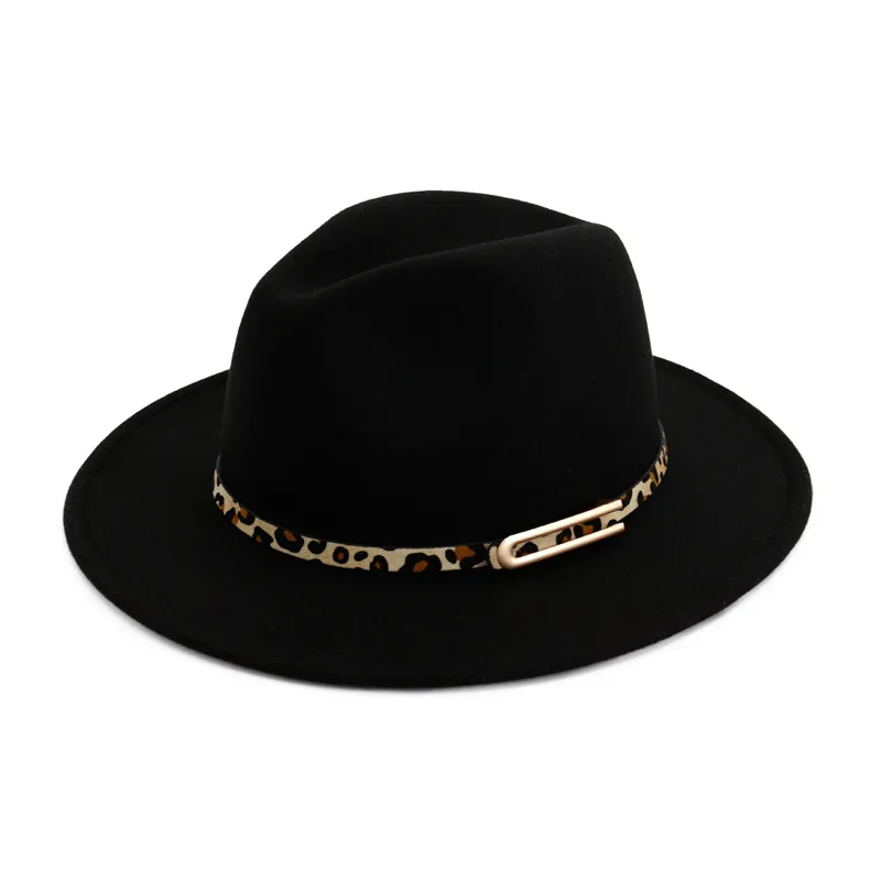 Fashion-Hat Fedoras Wool Felk Szeroki Brim Jazz Fedory Kapelusze dla kobiet Trilby Derby Hazardzista Kapelusz z Leopard Drukuj skórzaną klamrą