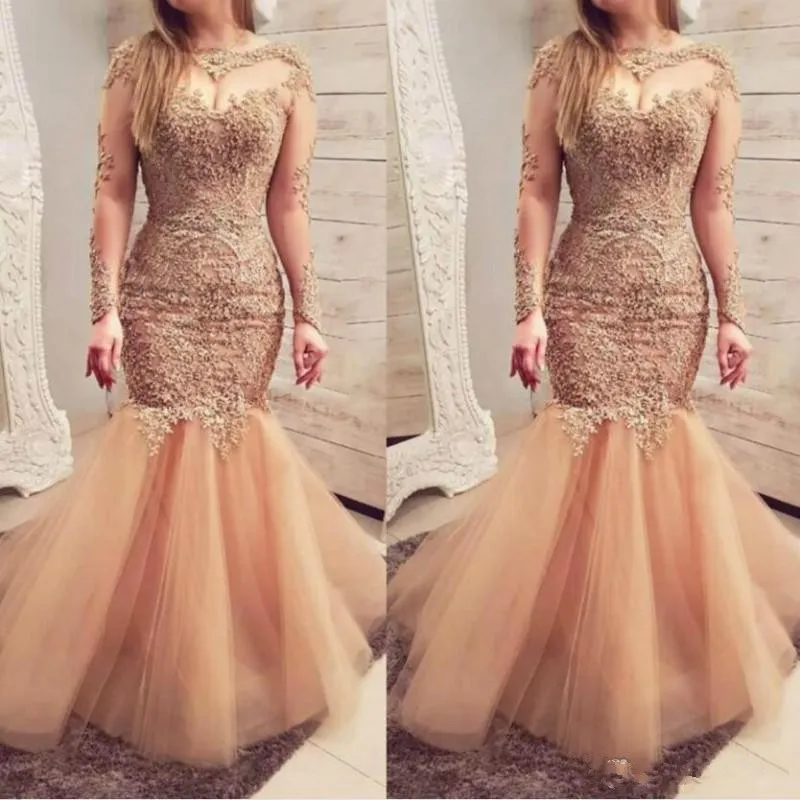 Mermaid Illusion Neck Long Gowns with Bow Peach Plus Size