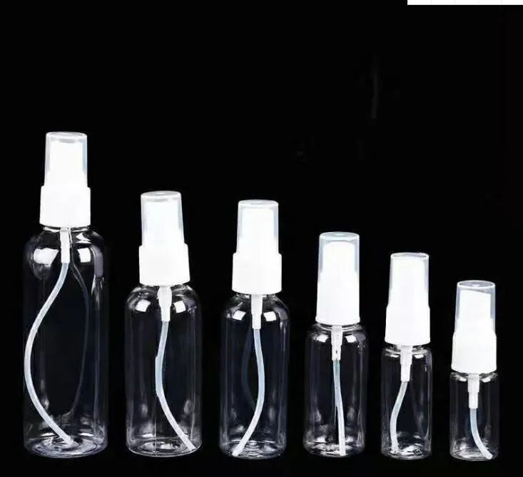 Pompe per atomizzatori per bottiglie spray in plastica trasparente di qualità per oli essenziali Profumo da viaggio Bulk Trucco portatile 15ML 30ML 50ML 60ML 100ML