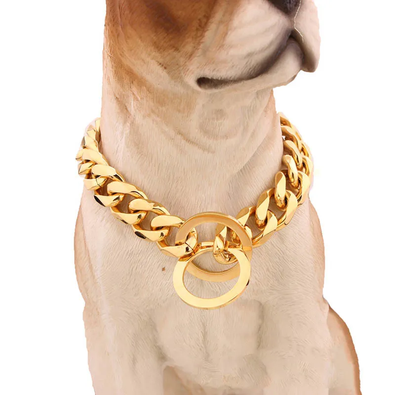 15mm Metal Dogs Training Choke Chain Collars for Large Dogs Pitbull Bulldog Strong Silver Gold Stainless Steel Slip Dog Collar Y20204C