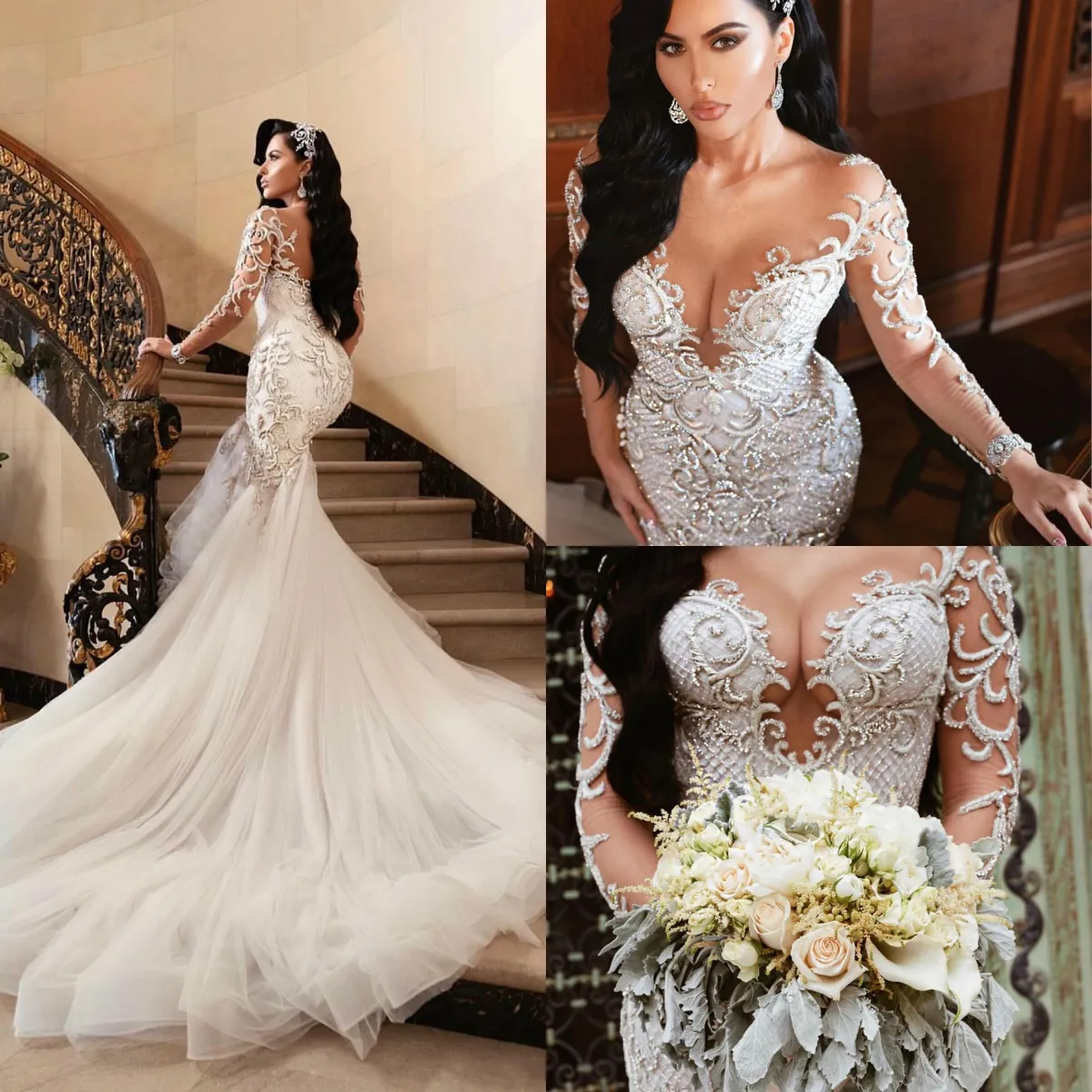 Arabski luksus seksowna syrenka frezowa haft haftowe sukienki ślubne Sheer szyja długie rękawy suknie ślubne Vestido de novia