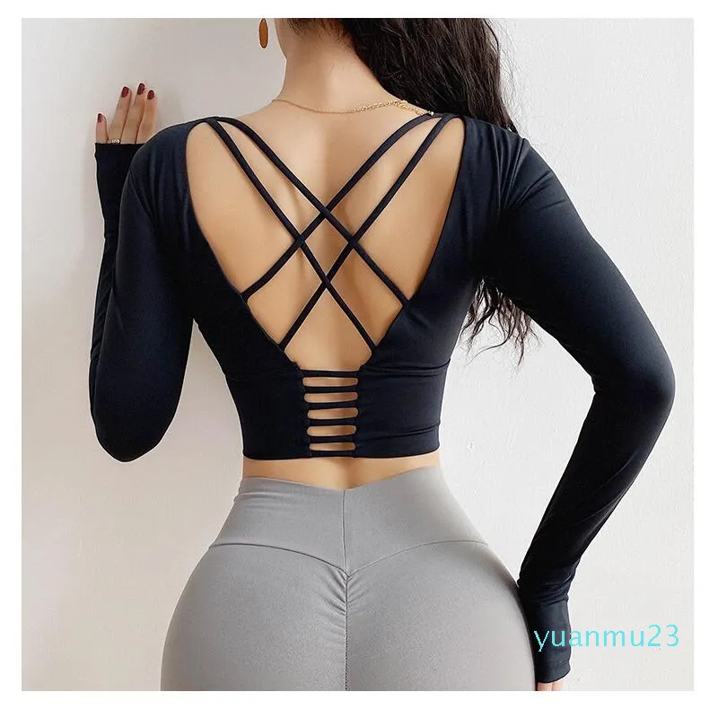 Wholesale Women Sexy Back Crop Yoga Top Gym Sports Running Exercise Workout  Backless Sweat T Shirt Fitness T Shirt Red Long Sleeve From Yuanmu23,  $16.55