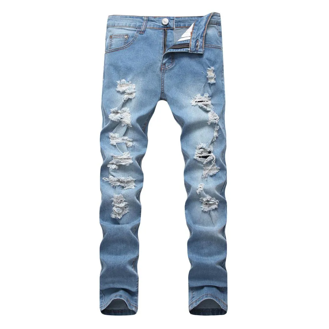 Frühling Männer Zerrissene Jeans Slim Fit Sky Blue Mehrere Loch Denim Hip Hop Casual Männlichen Zerstört Hosen Taste Hosen 254