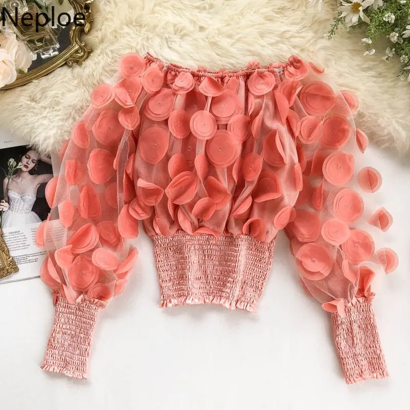 Neploe Slash Neck Strapless Hombro Blusa Slim Cintura Apliques Blusas cortas Oto o Primavera Puff Camisa de playa de manga larga 48164
