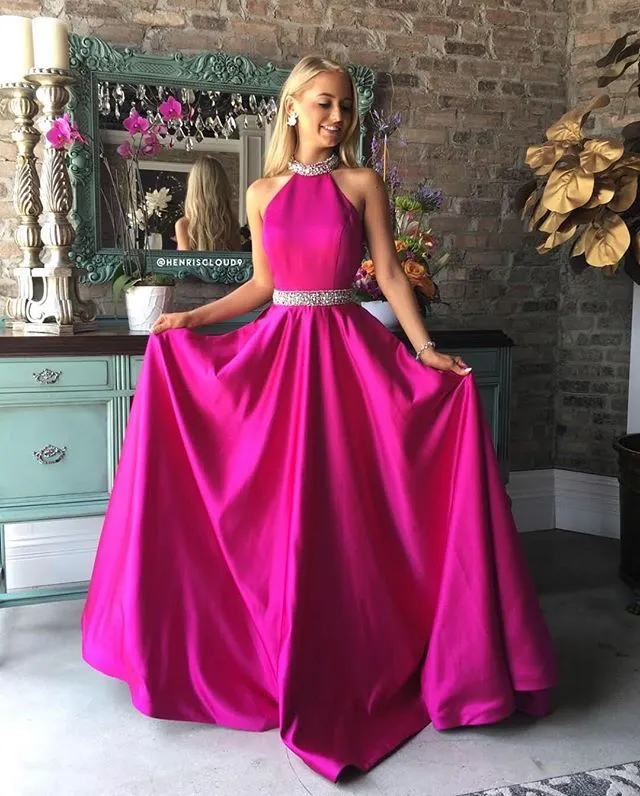 Vestidos De Fiesta Con Cuello Alto Y Abalorios 2019 Vestidos Largos De Fiesta De Satén Fucsia Vestido De Baile Para Graduación Ropa De Graduación De 145,53 € DHgate