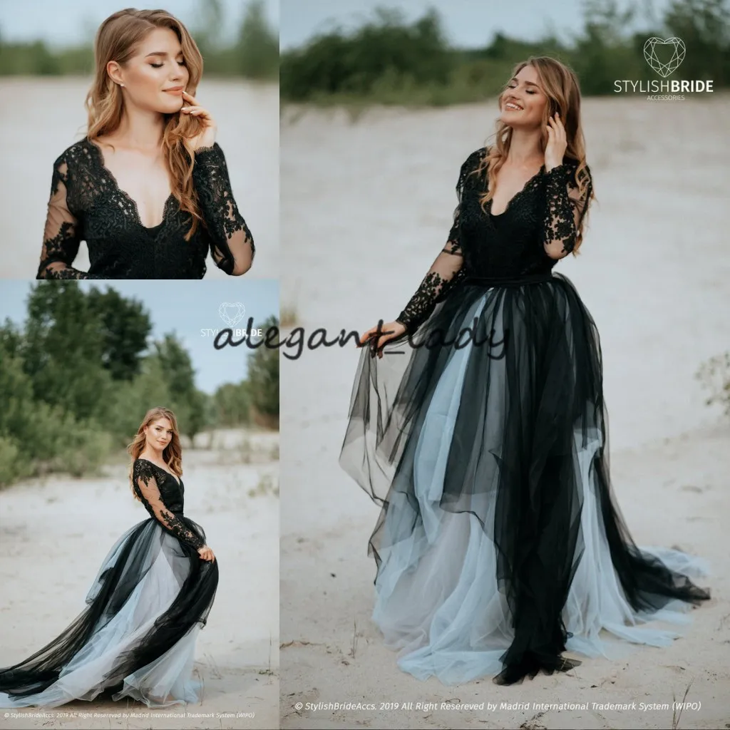 Vintage czarne bohemijskie suknie ślubne z długim rękawem 2023 GOTHIC LACE Backless Backless V-Neck Garden Bridal Nieformalna suknia świątynna