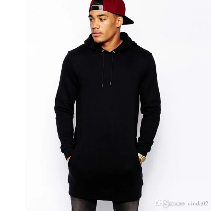 Black Mens Longline Hoodies Mannen Fleece Solid Sweatshirts Mode Lange Hoodie Heup Hop Side Rits Streetwear Extra Lange Hiphop