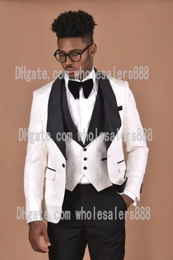 Homens Suits Padrão Marfim e preto Noivo Smoking Xaile Satin lapela Groomsmen Wedding Best Man 3 Pieces (Jacket + Calças + Vest + Tie) L434