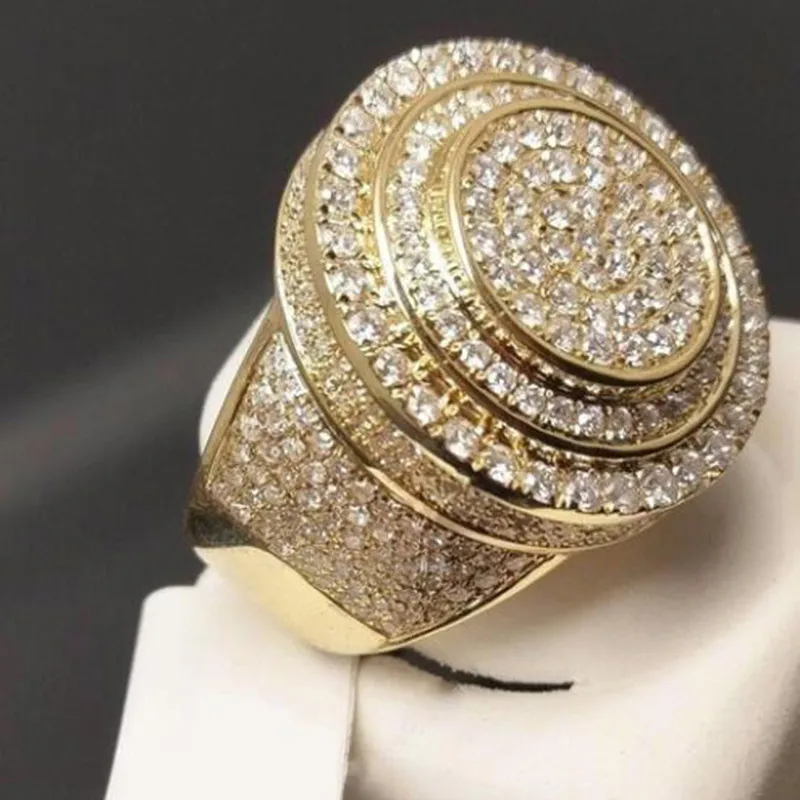 Man Hiphop Ring Guldfärg Pave Crystal CZ Big Statement Engagement Bröllop Band Ringar för Men Rock Party Smycken