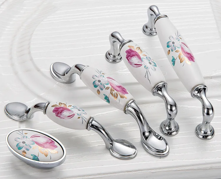 Vintage Flower Tulip Ceramic Howdens Kitchen Door Handles Set Of 2 Silver Pulls For Kitchen