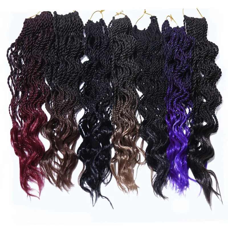 35 Strands / Pack Ombre färger Curly Wave Synthetiska virkade flätor Hårförlängningar 14inch Kanekalon Värmebeständig fibervridning 80g / pack