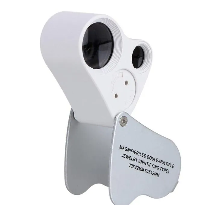 Dual Magnifier Smycken Loupes 30x 22mm 60x 12mm Förstoringsglas Loupe Förstoringsglas med LED Light Folding Mikroskop Förstoringsmedel Loupes Smycken