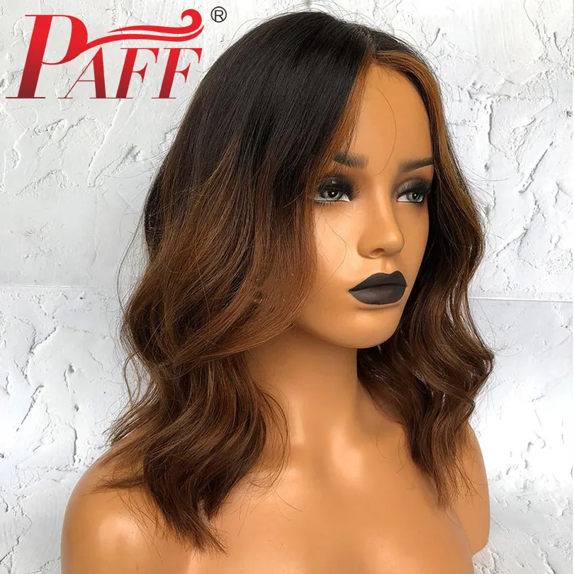 PAFF Lace Front Wig Brazilian Short Bob Natural Wave Ombre Brown Color Human Hair Wigs Remy 13*4 Deep Part Baby hair