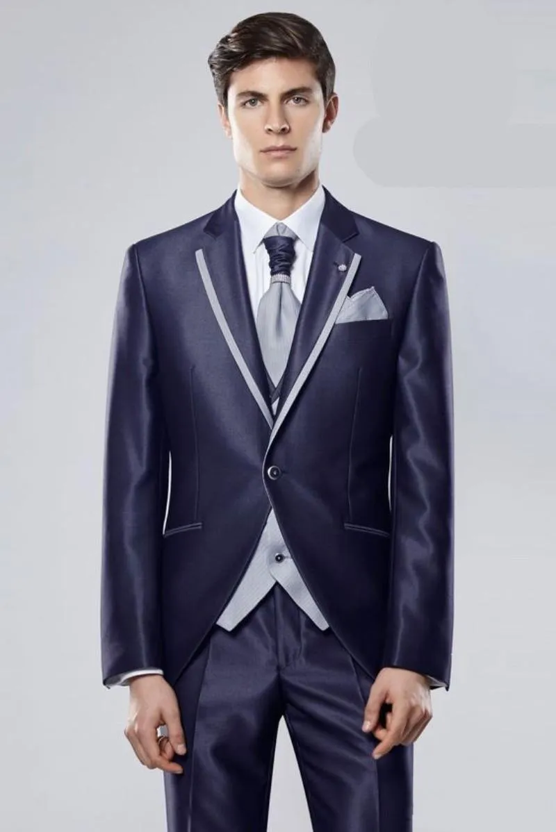 Slim Fit One Button Shiny Navy Blue Wedding Groom Tuxedos Peak Lapel Groomsmen Men Suits Prom Blazer (Jacket+Pants+Vest+Tie) NO:1980