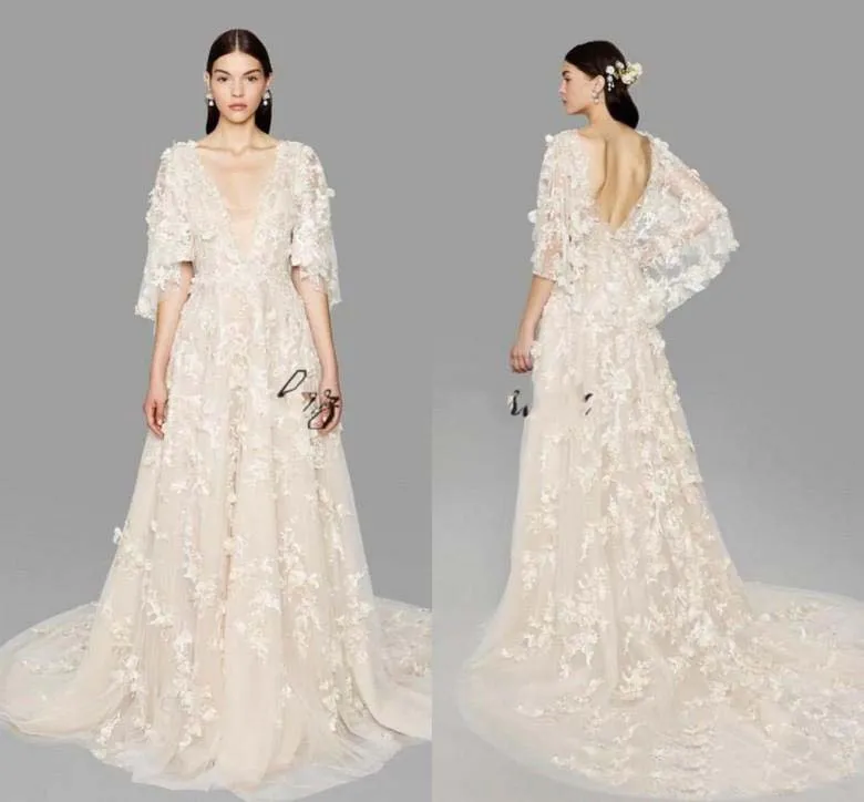 2019 Anpassad Marchesa Butterfly Sleeve En Linje Bröllopsklänningar Plus Storlek Dubai Arabiska Deppp V Neck Princess Brudklänningar med blommor