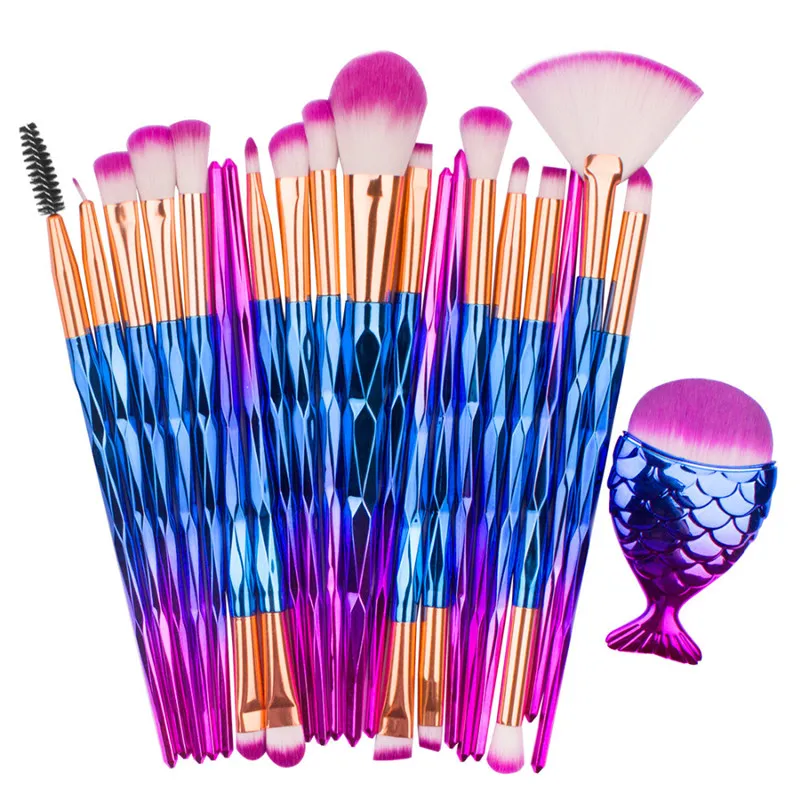 21PCs Mermaid Makeup Brushes Set Foundation Powder Eyeshadow Contour Blandning Kosmetisk Diamant Make Up Brush Kit med liten fisksvans