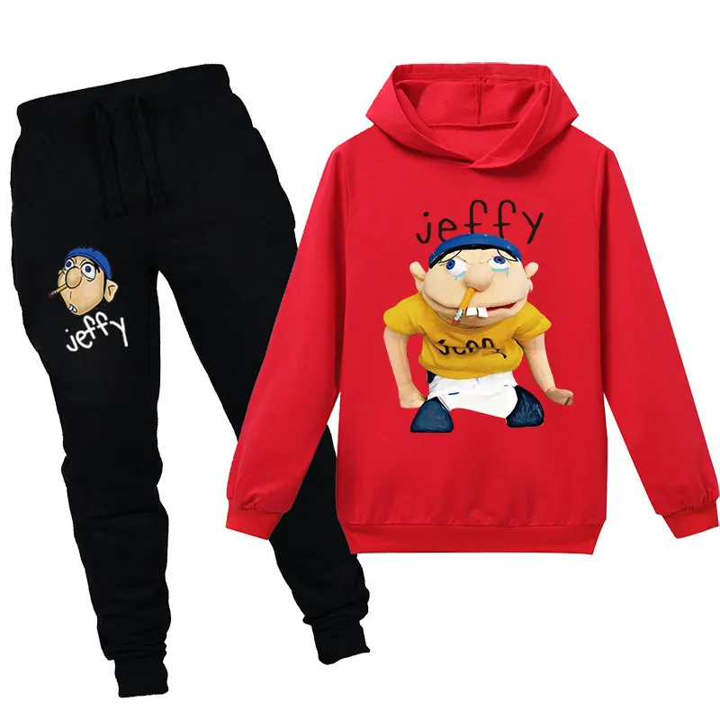 Cartoon Cartoon Jeffy Kids Sport Suit мальчики для мальчиков наборы для девочек брюки с капюшоном, детская костюма, подростки Pullov293X