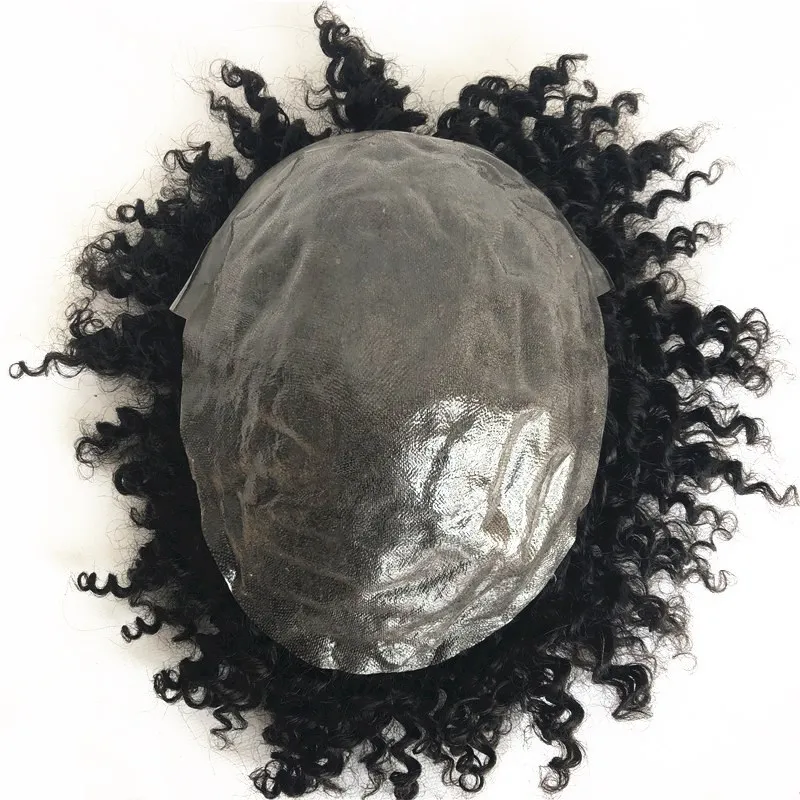 Afro Curly Toupee Pour Hommes Pleine Peau Pu Hommes Toupee Système De Remplacement Remy Cheveux Vague De Cheveux Humains Toupee Haute Qualité Noir Hommes Perruque