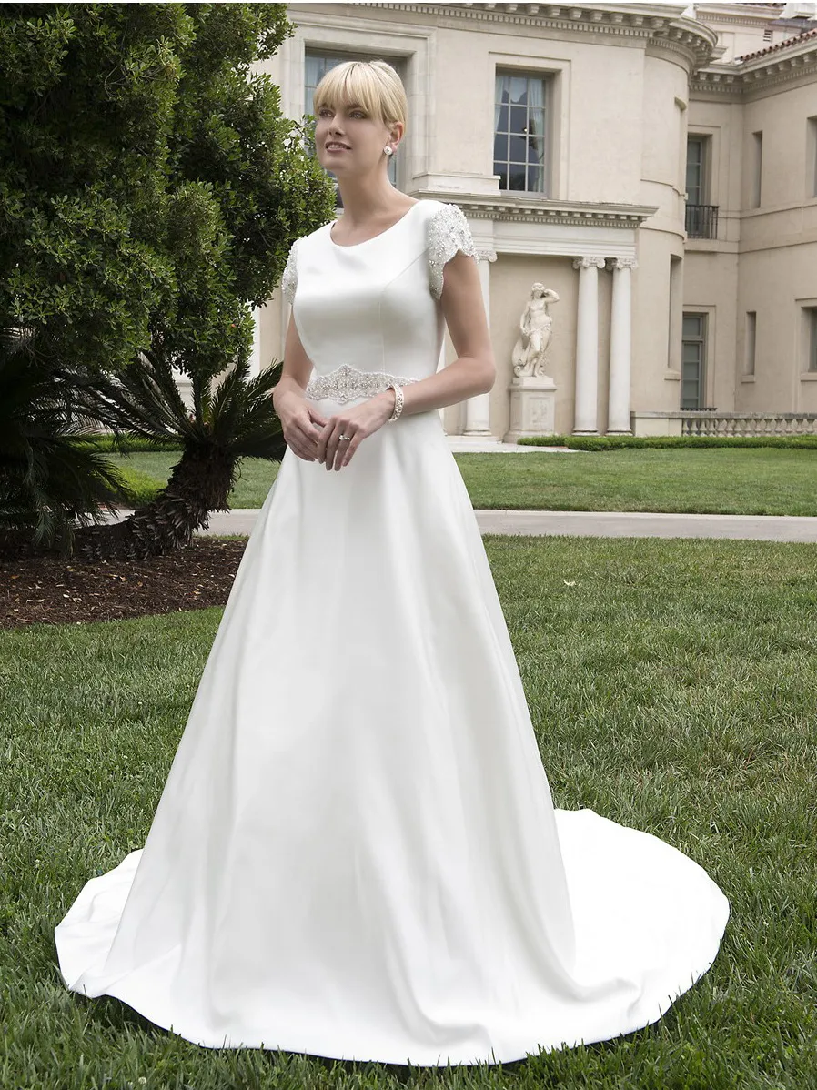 A-line Satin Modest Wedding Dress With Beaded Short Sleeves Scoop Neck  Beaded Belt from Dhgate A-Line Wedding Dresses - price 150.26