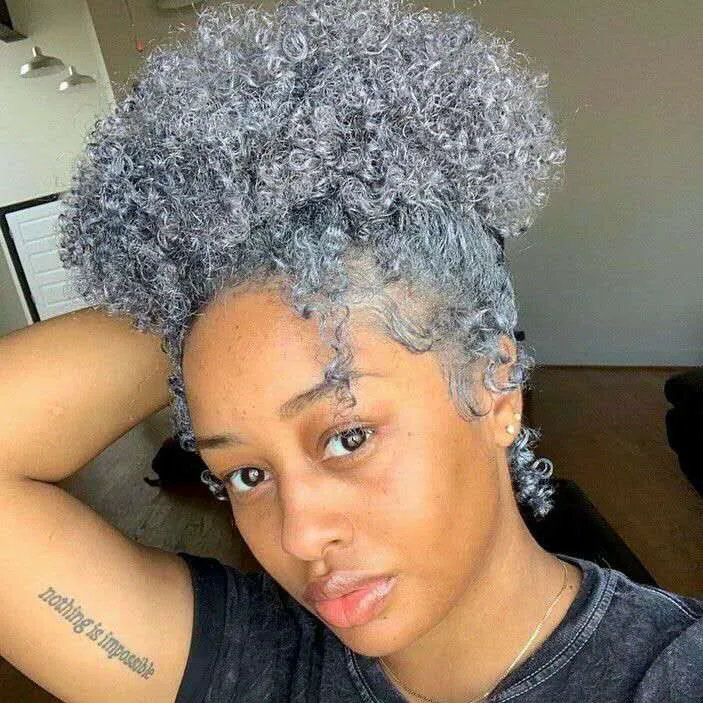 Cheveux humains court Afro Puff queue de cheval afro-américain Wrap cordon noir gris fausse queue de cheval avec cordon et pince dans les cheveux gris