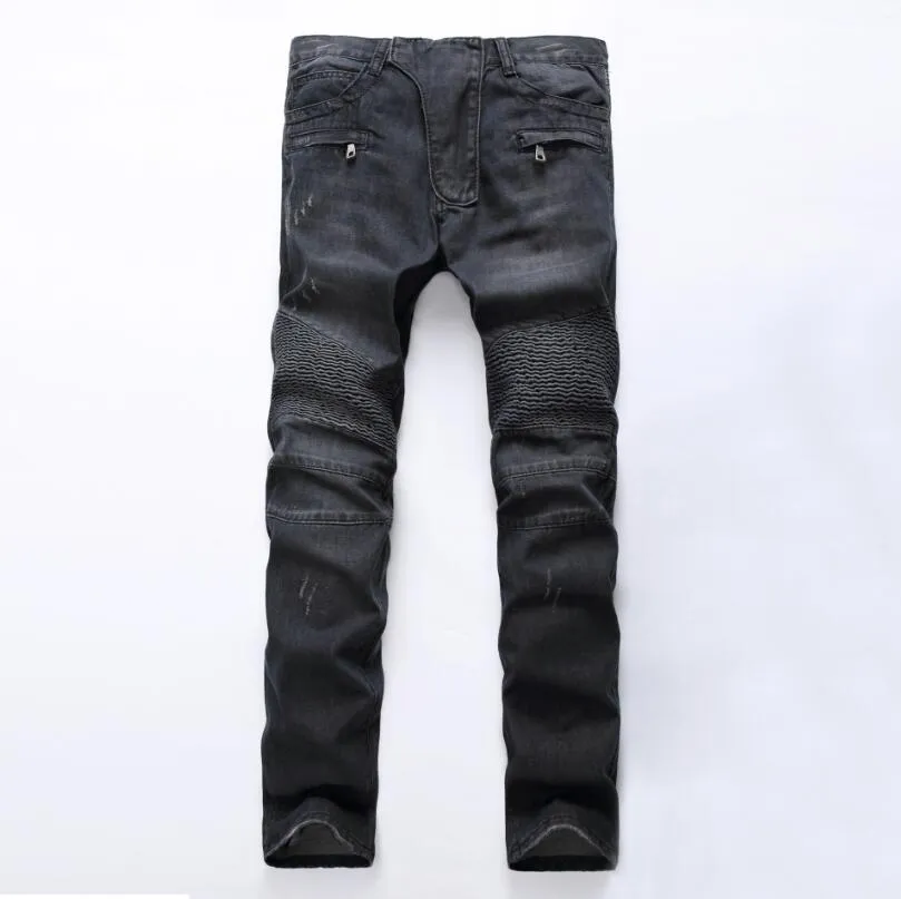 Projektant mody Męskie dżinsy motocyklowe z zamkiem błyskawicznym Patchwork Slim Fit Czarny Moto Denim Joggers Plisowane fajne dżinsy