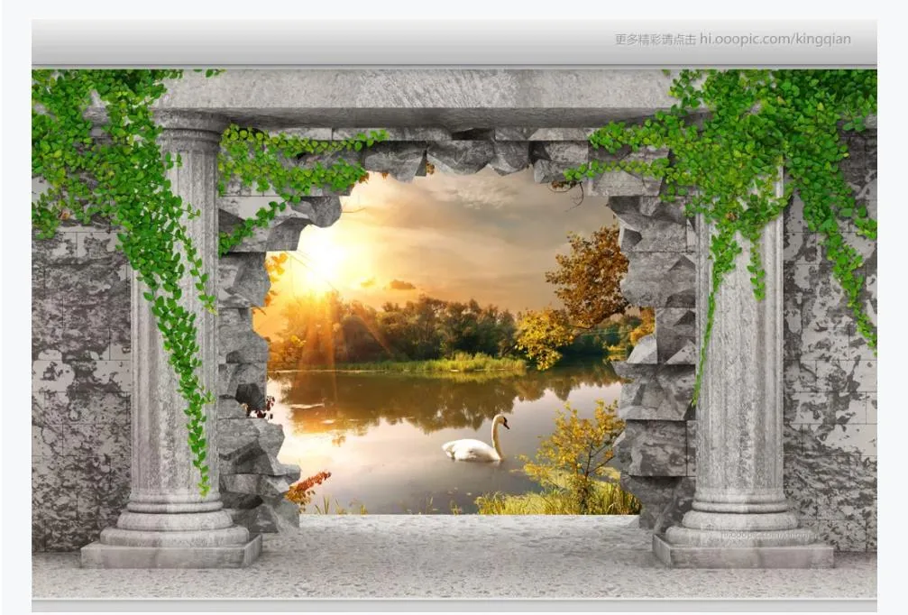 3D custom large photo mural wallpaper interior decoration Roman column broken wall cave lake landscape 3d living room TV background mural