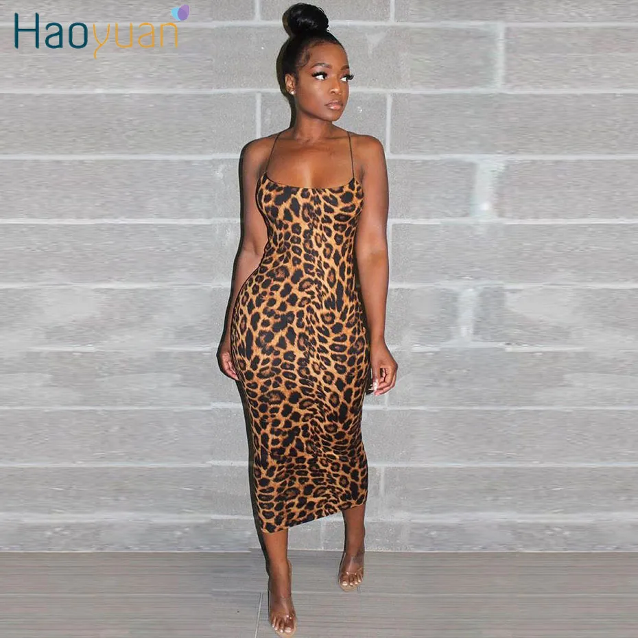 HAOYUAN Sexy guépard imprimé léopard robe mi-longue femmes vêtements grande taille robe élégante Spaghetti sangle moulante robes de boîte de nuit