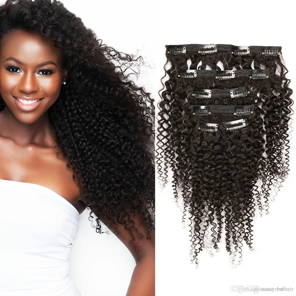 7a Afro Kinky Curly Clip In Human Hair Extensions Brasilianska 100% Remy Hair 120g / Set 1 # 1B # 2 # 4 # 18 # 8 # 99J # 27 # 18 # No Tangle Buntar