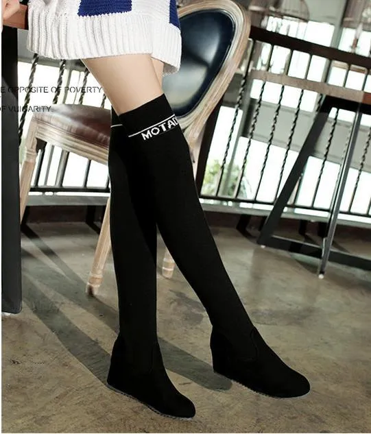 winter boots black knitted elastic suede over the knee thigh high boot invisble wedge heels size 33 to 42 43