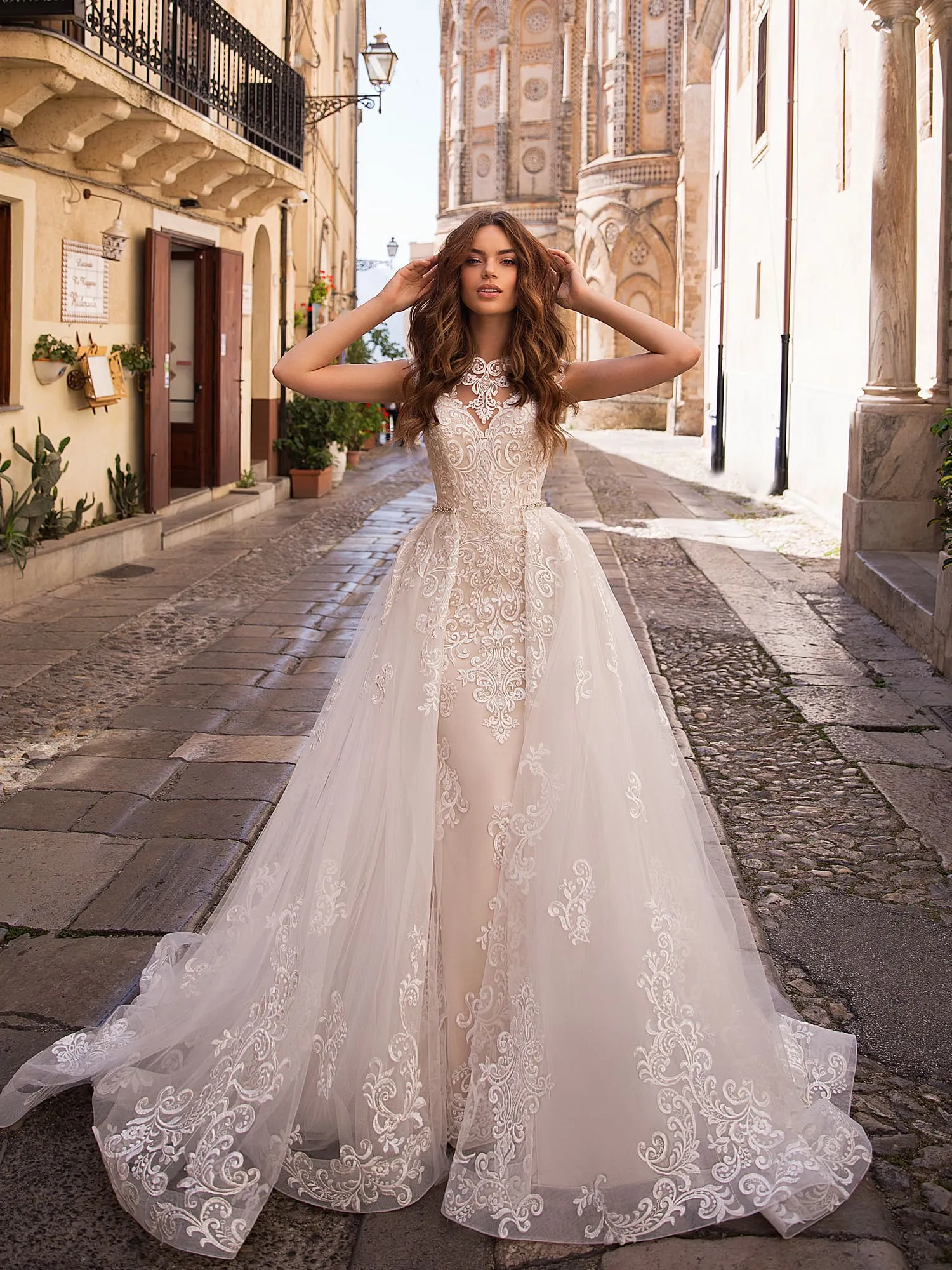 Boho Plus Mermaid Wedding Dress with Overskirt, High Neck Lace, Covered Button Back, and Sleeveless by Lussanobridal - Affordable Bridal Gown