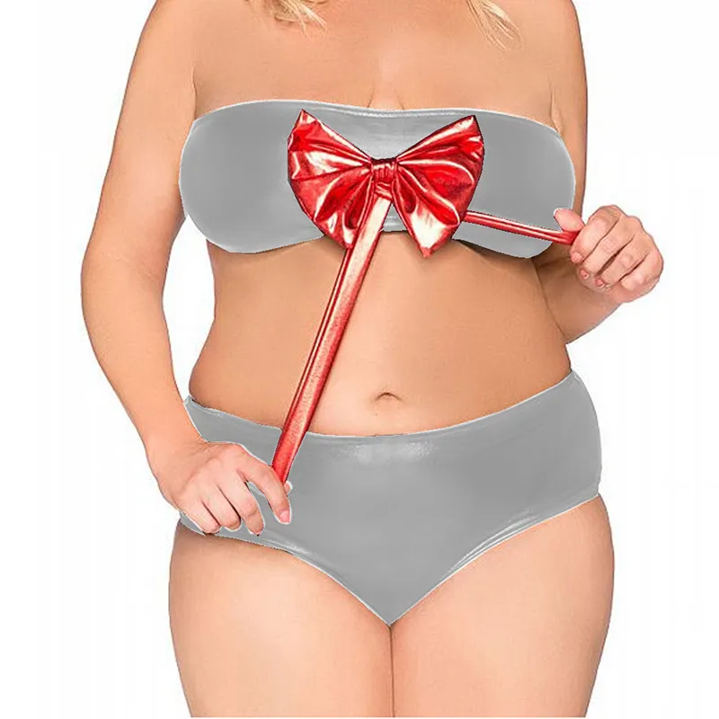 Sexy Red Bowknot Faux Leather Lingerie Set For Plus Size Women