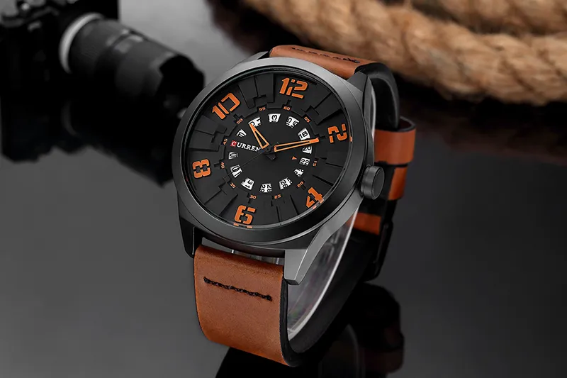 Мода уникальные большие цифровые мужские мужские смотрят на водонепроницаемые кварцевые часы топ бренд Curren Leather ремешок с датами наручных часов Relojes298q