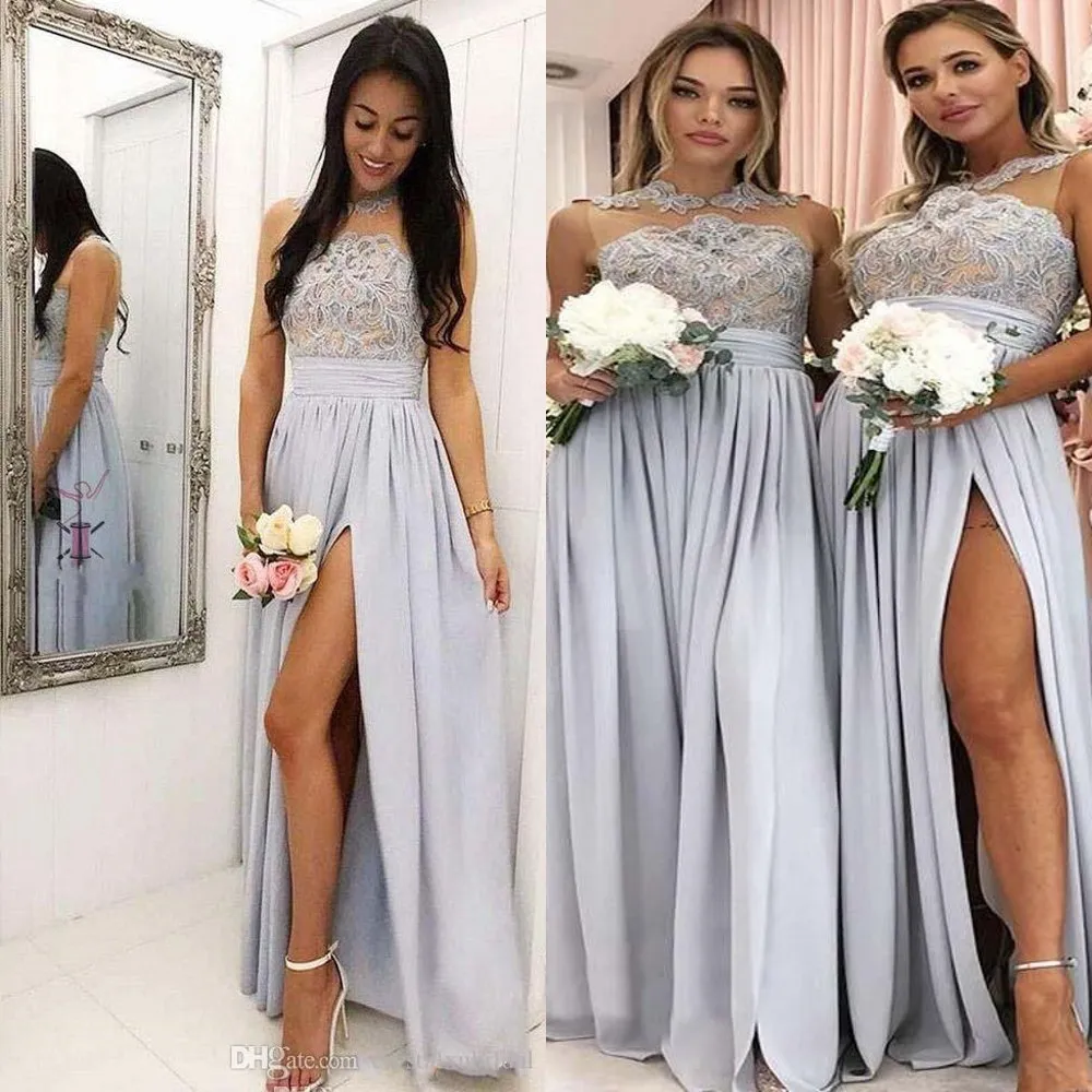 Onur törenlerinde Of Ülke Nedime Modelleri Mücevher Boyun Gümüş Gri şifon Aplikler Dantel Boncuk Bölünmüş Summer Garden Custom Wedding Guest Hizmetçi