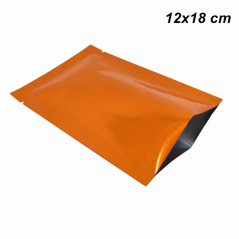 100 pezzi 12x18 cm Open Top arancione lucido Mylar Foil termosaldato sacchetto per alimenti Foglio di alluminio sottovuoto a prova di odore sacchetto di stoccaggio per biscotti caramelle