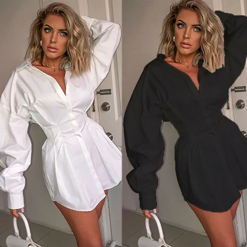 2019 Abito da camicia a maniche lunghe con scollo a V profondo da donna nuove da donna all'inizio dell'autunno, mini top da spiaggia sexy