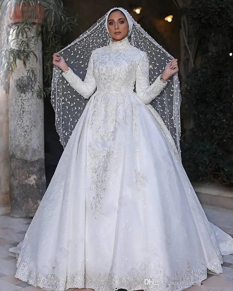 Klassische Spitze Muslimische Brautkleider 2019 Langarm Stehkragen Applizierte Spitze Brautkleider A-Linie Sweep Zug Vestido De Novia