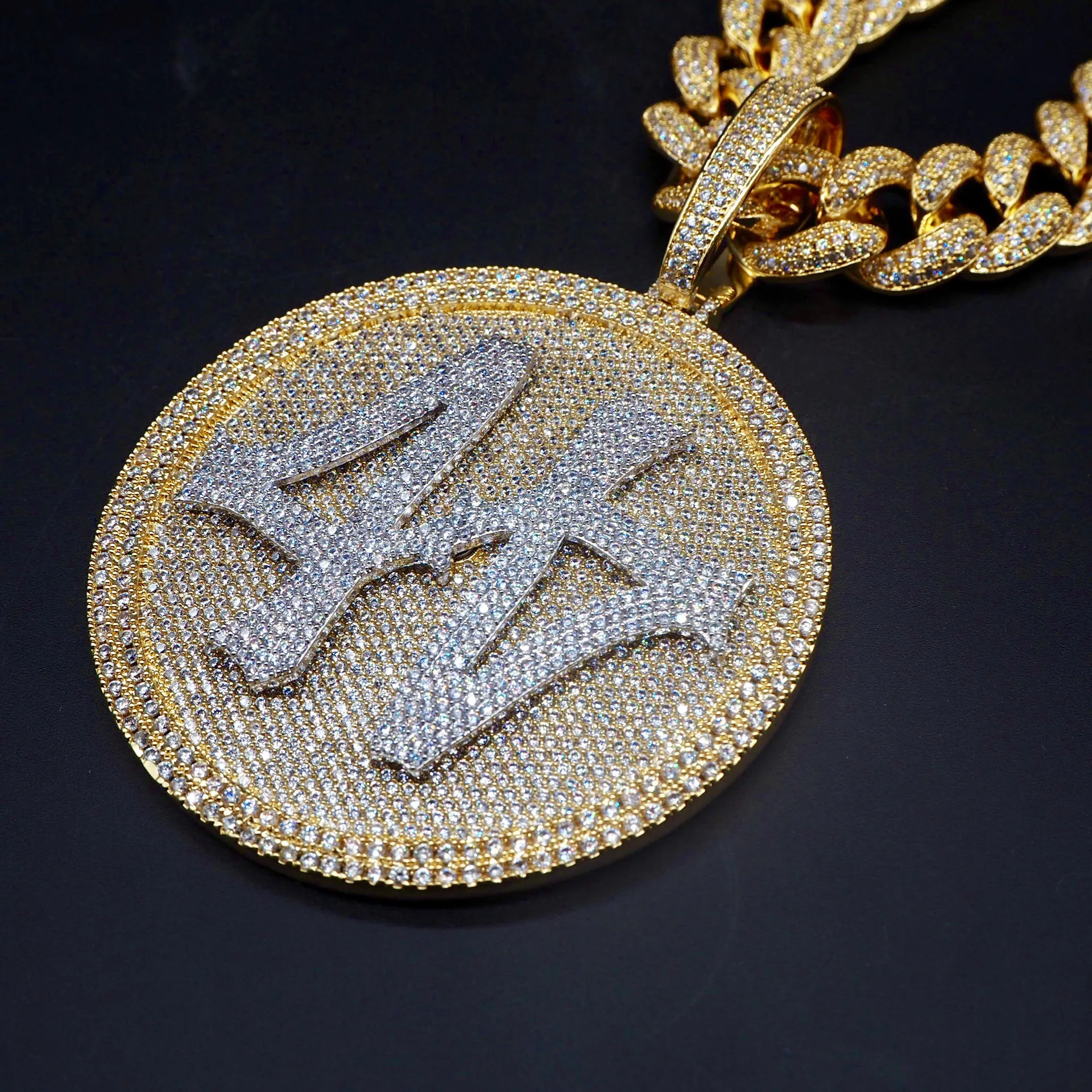 Iced Out Number 44 Large Size Diamond Round Pendant Necklace 18K Gold Plated Mens HipHop Bling Jewelry Gift