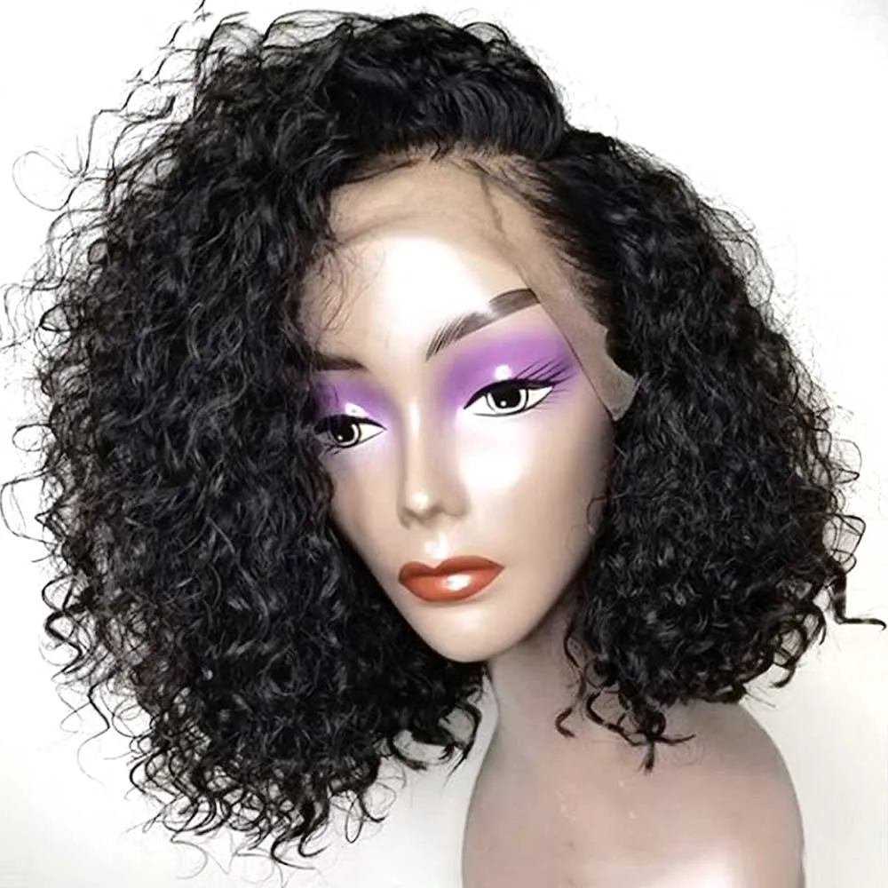 Naturalny czarny krótki, kręcona syntetyczna peruka koronkowe przednie brazylijskie włosy 13x6 koronkowe peruki z przednimi włosami dla czarnych kobiet