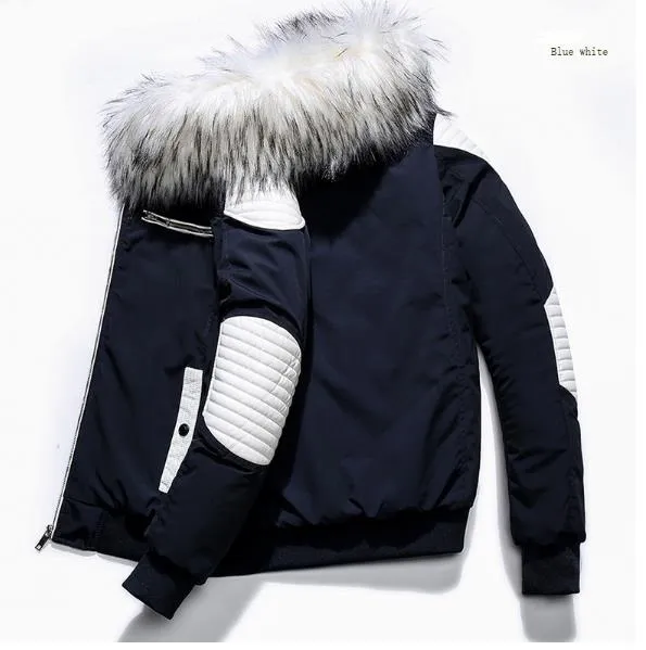 Fashion Fur Collar Mens Panelled Cotton Jacket High Quality Long Section Thick Males Coat Winter Hooded Coats 3 Color M-2XL