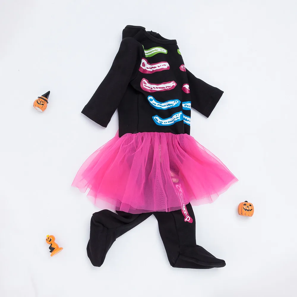 Halloween nyfödd spädbarn svart ben rompers skalle klänningar 0-24 månad baby tjejer bomull långärmad jumpsuit + huvudband = 2pcs / set