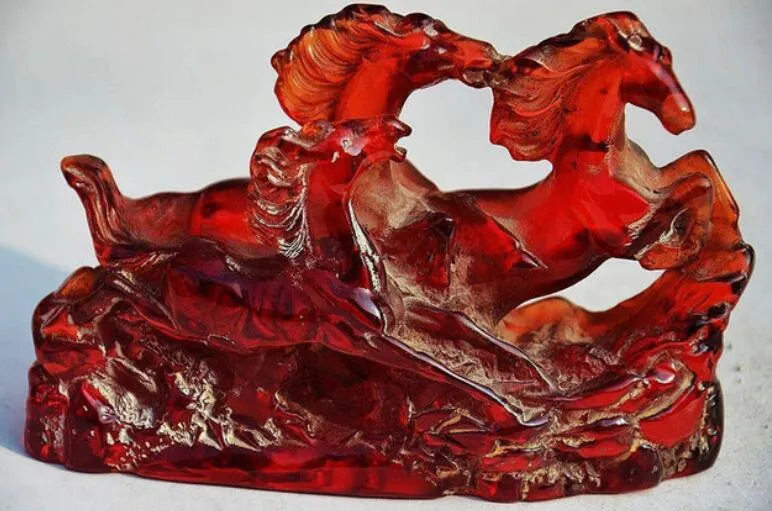 13.8 cm * / VINTAGE ORIENTAL FINE AMBER HANDWORK CARVING HORSES STATUE