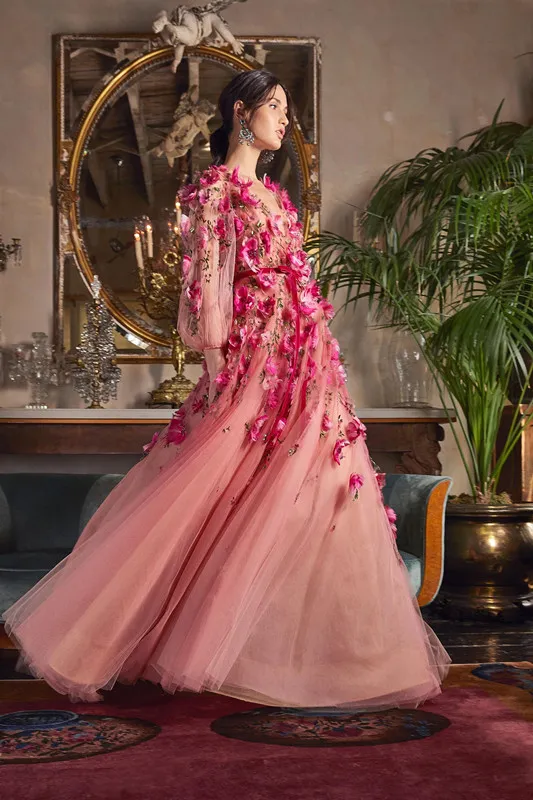 Robes de bal Marchesa avec fleurs florales 3D manches longues décolleté en V robes de soirée sur mesure robe de soirée longueur de plancher Tulle293k