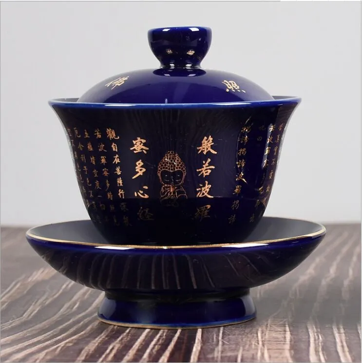 Ciotola con coperchio per set da tè, ciotola da tè in ceramica per uso domestico, tazza da tè, ciotola con coperchio blu antico con lampada a foglia di bodhi2681