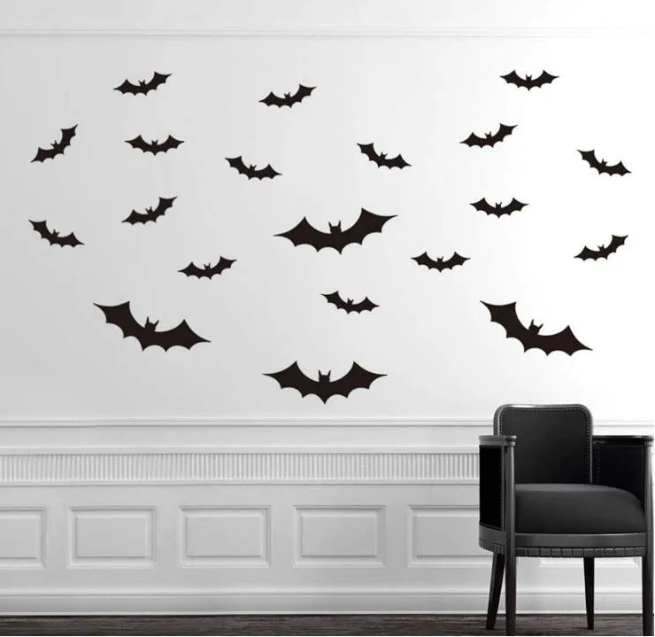 Halloween Bat Wall Sticker 20PCs Vattentät flyttbar väggklistermärke Hem Sovrum Dekal Hem Väggfönster Dekoration Svart
