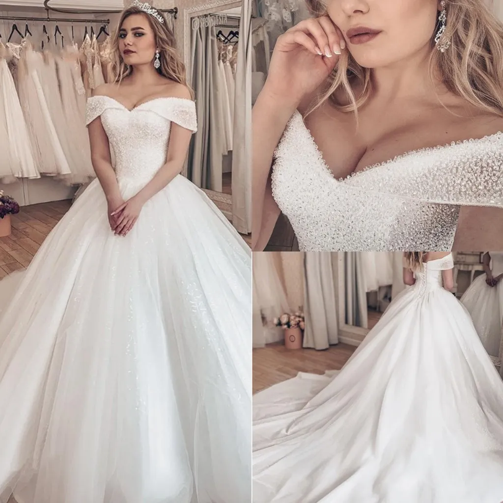 Vestido Noiva 2020 Sparkly Kristal Boncuk Gelinlik Kapalı Omuz Gelin Balo Lüks Brautkleid Robe De Mariage