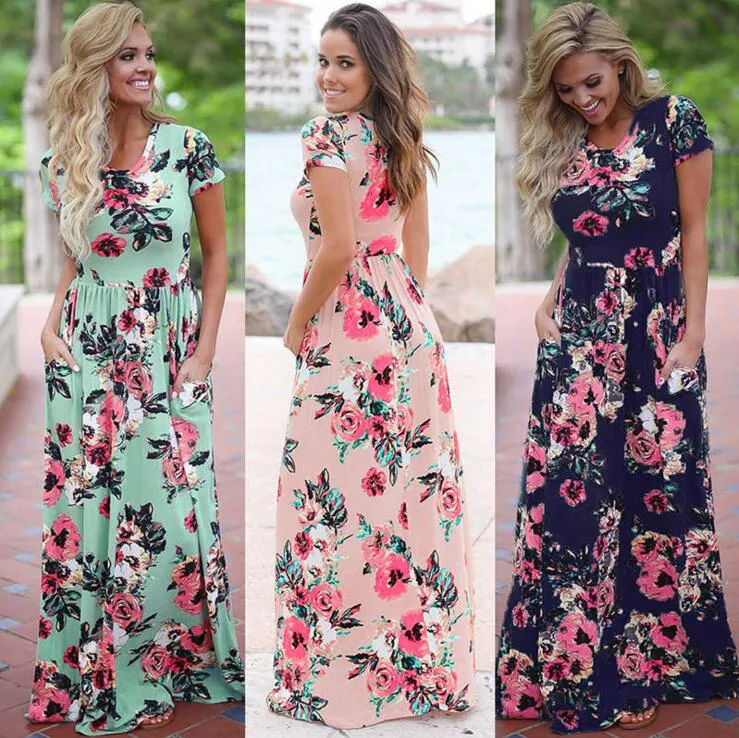 Moda-Donna Stampa floreale Manica corta Abito Boho Abito da sera Party Abito lungo maxi Vestito estivo estivo 10 pezzi OOA3238