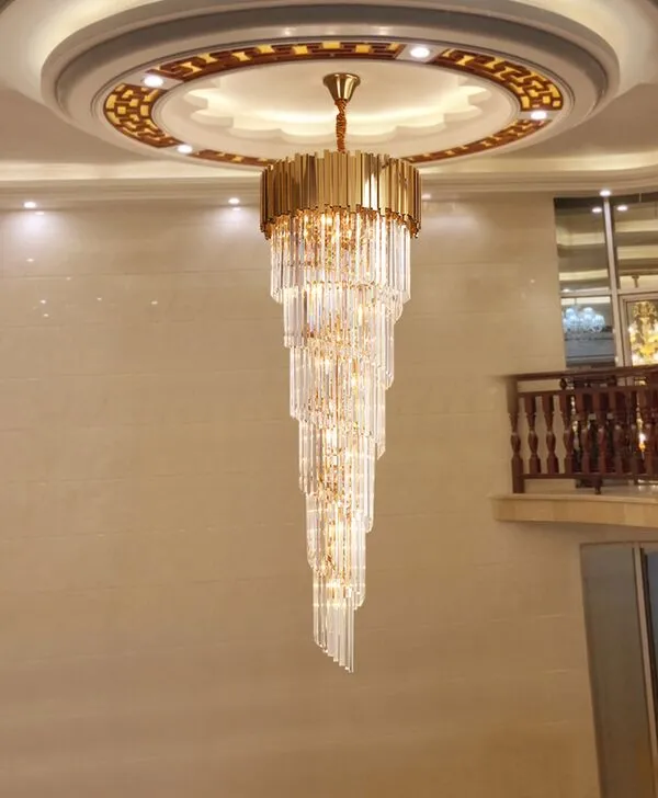 Éclairage de lustre moderne de luxe haut pour escalier long luminaires en cristal d'or grand couloir intérieur escalier LED lampe en cristal MYY